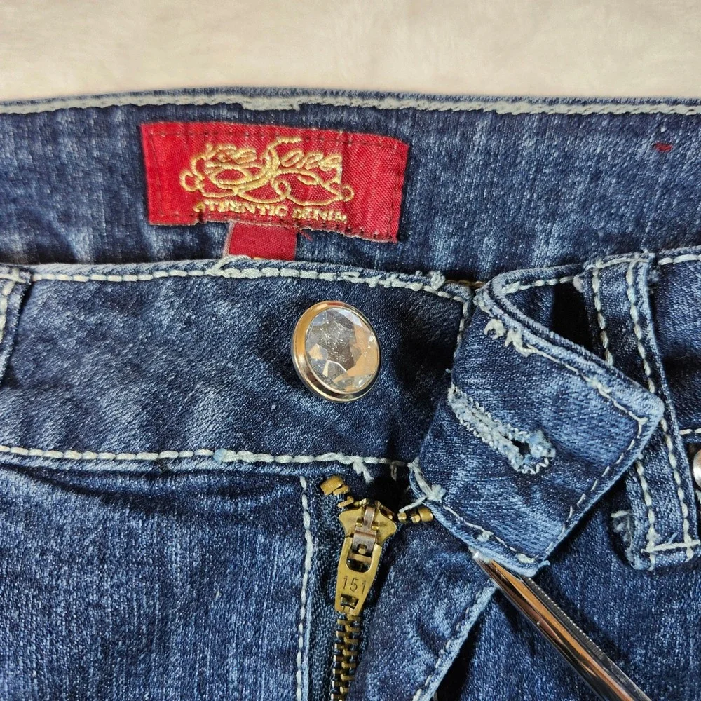 One 5one Bootcut Jeans Women 8 Dark Wash Blue Excellent Embroidered Rhinestone - Picture 10 of 15
